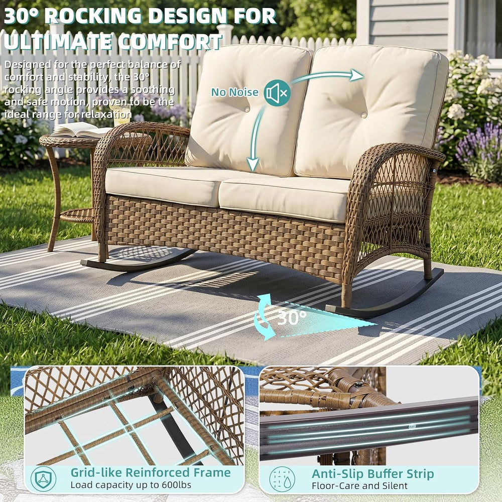 MEETWARM Outdoor Wicker Loveseat Rocking Chair, Loveseat for 2 Person Porch F...