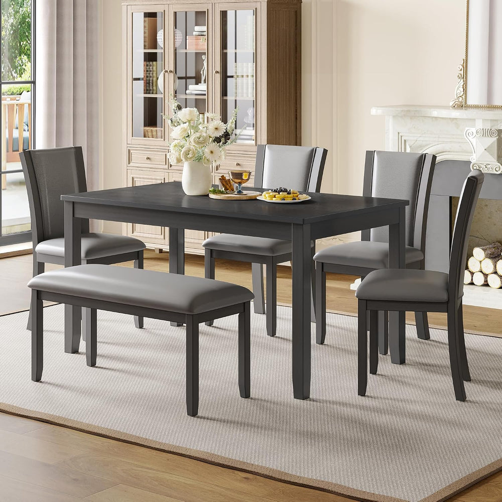 6-Piece Dining Table Set with Bench and Chairs - Solid Wood Kitchen Dining Ro...