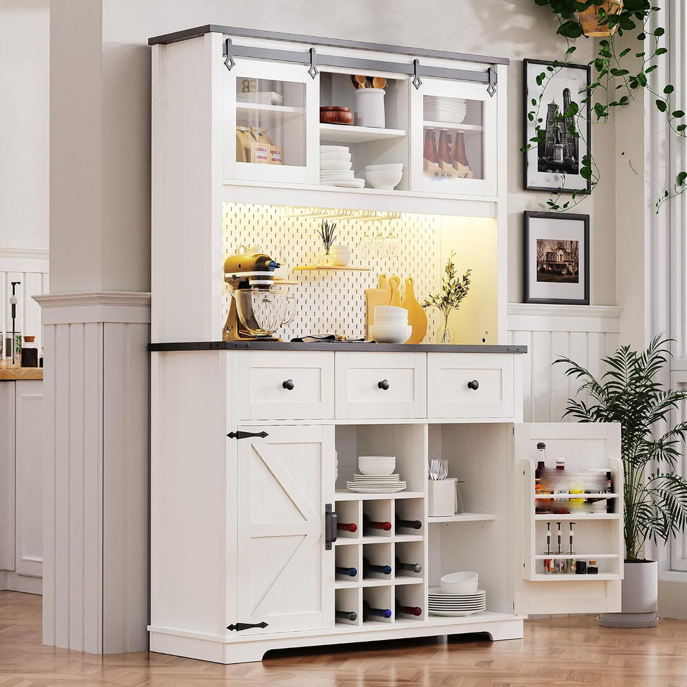 71" White Pantry Cabinet with Coffee Bar Farmhouse Kitchen Hutch Cabinet...