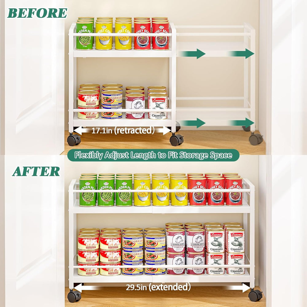 2-Tier Expandable Rolling Pantry Cart with Wheels, Adjustable Floor Organizer...