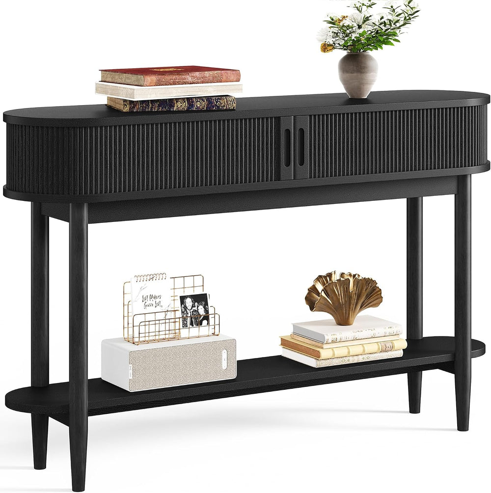 LINSY Fluted Console Table with Storage and Shelves, Black | Entryway Table, ...