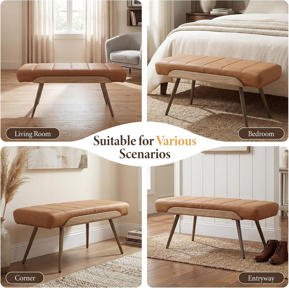 CIMOTA Mid-Century Modern Upholstered Bench, Channel Tufted Ottoman Bench wit...