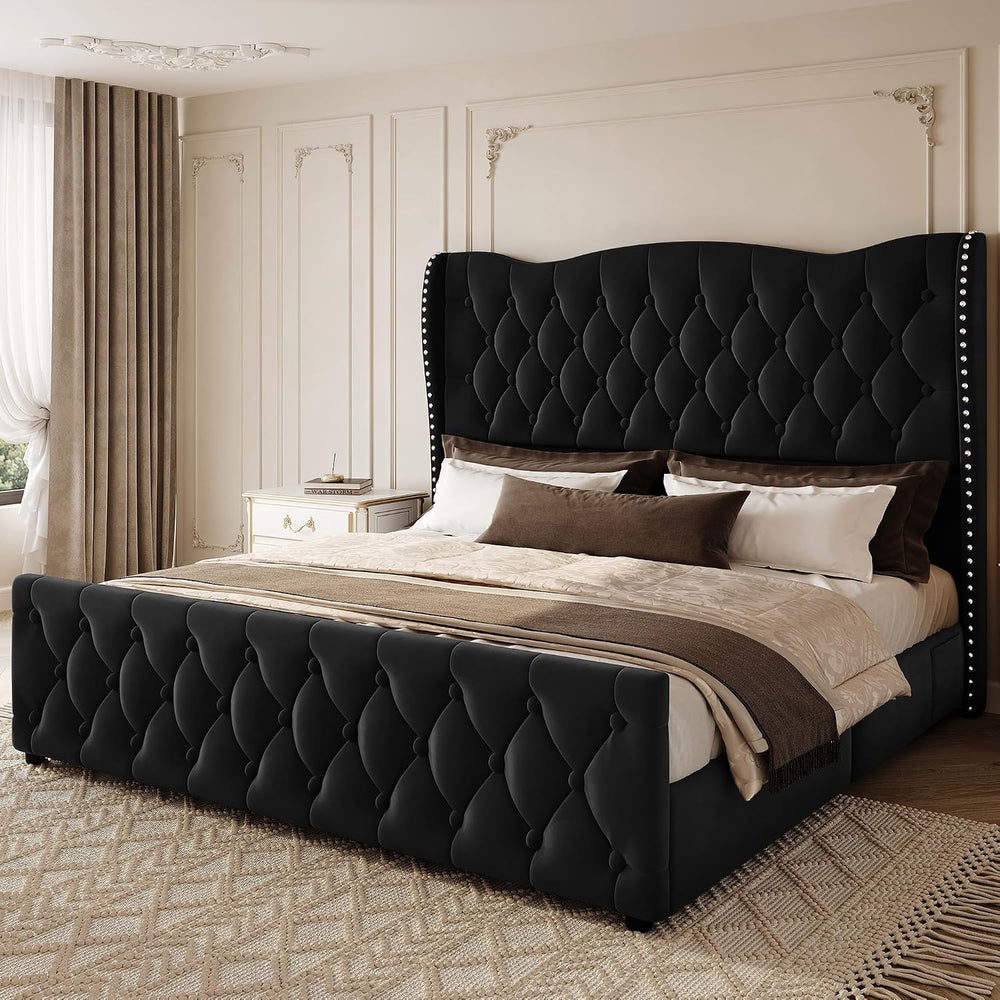 King Size Bed Frame with 53.15" High Crown Headboard, Black
