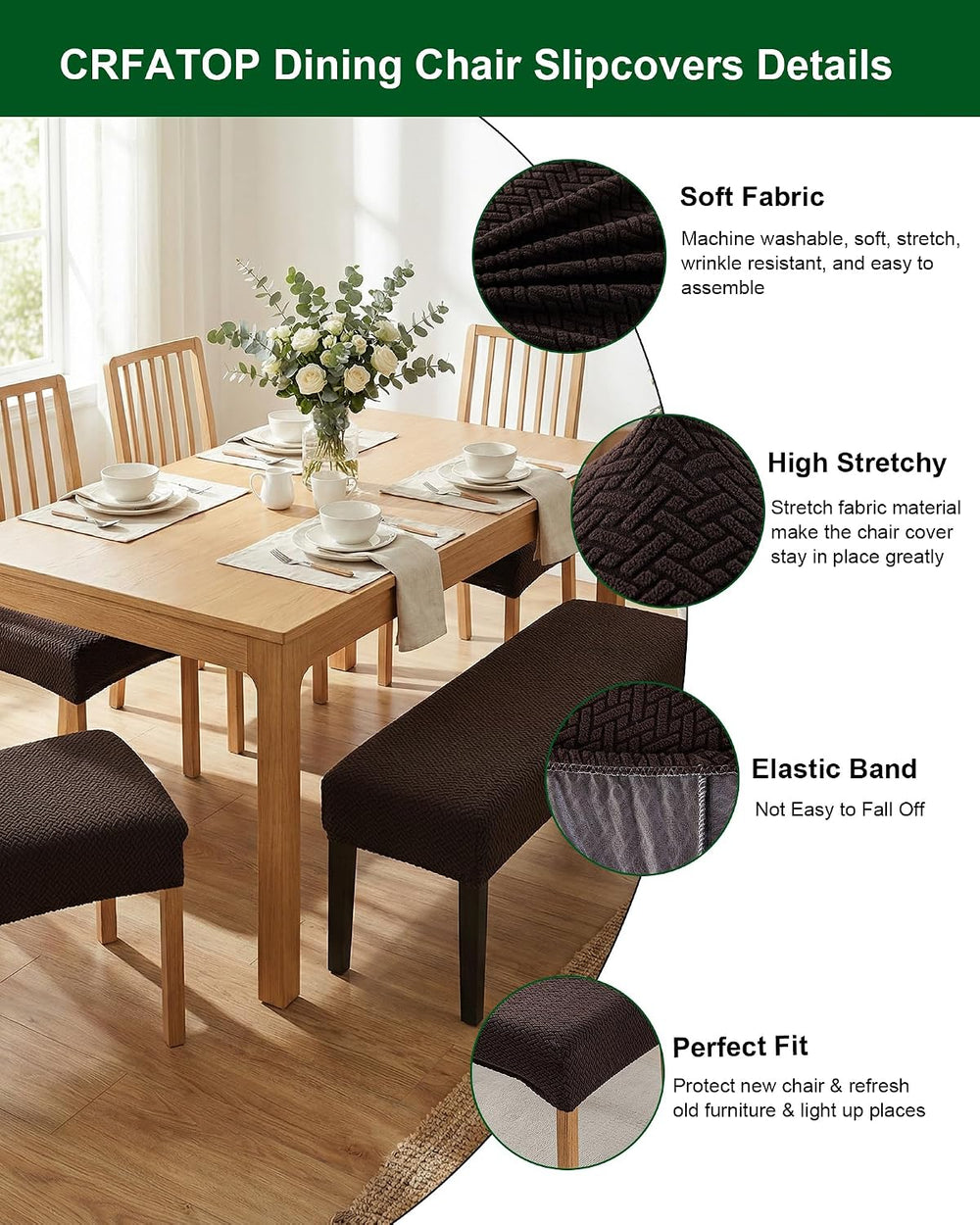 CRFATOP Dining Chair Seat Covers Set of 4 with Stretch Bench Slipcover,29