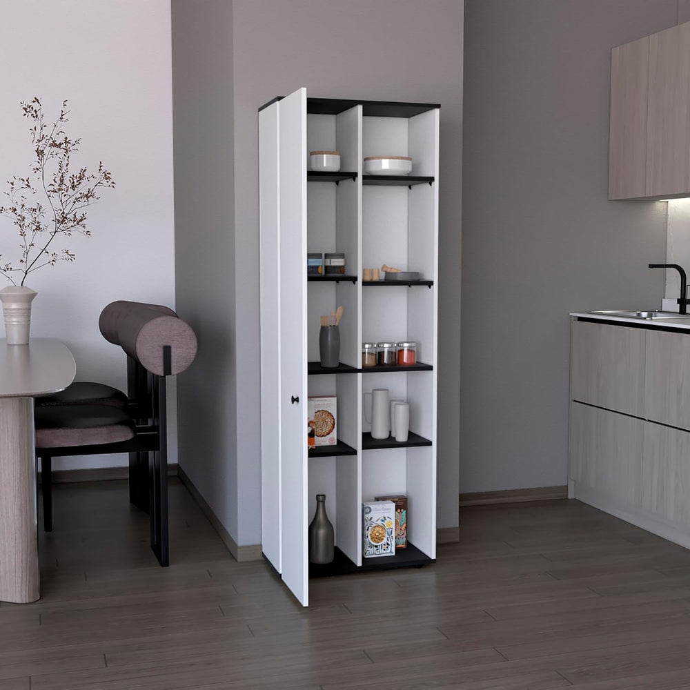 Compact 67" Kitchen Storage Cabinet, 10 Shelves, White & Black, Pant...
