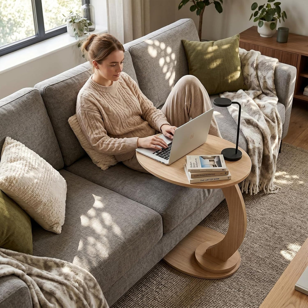 End Table,C Shaped Side Table,CouchTable that Slide Under, Wood Round Table f...