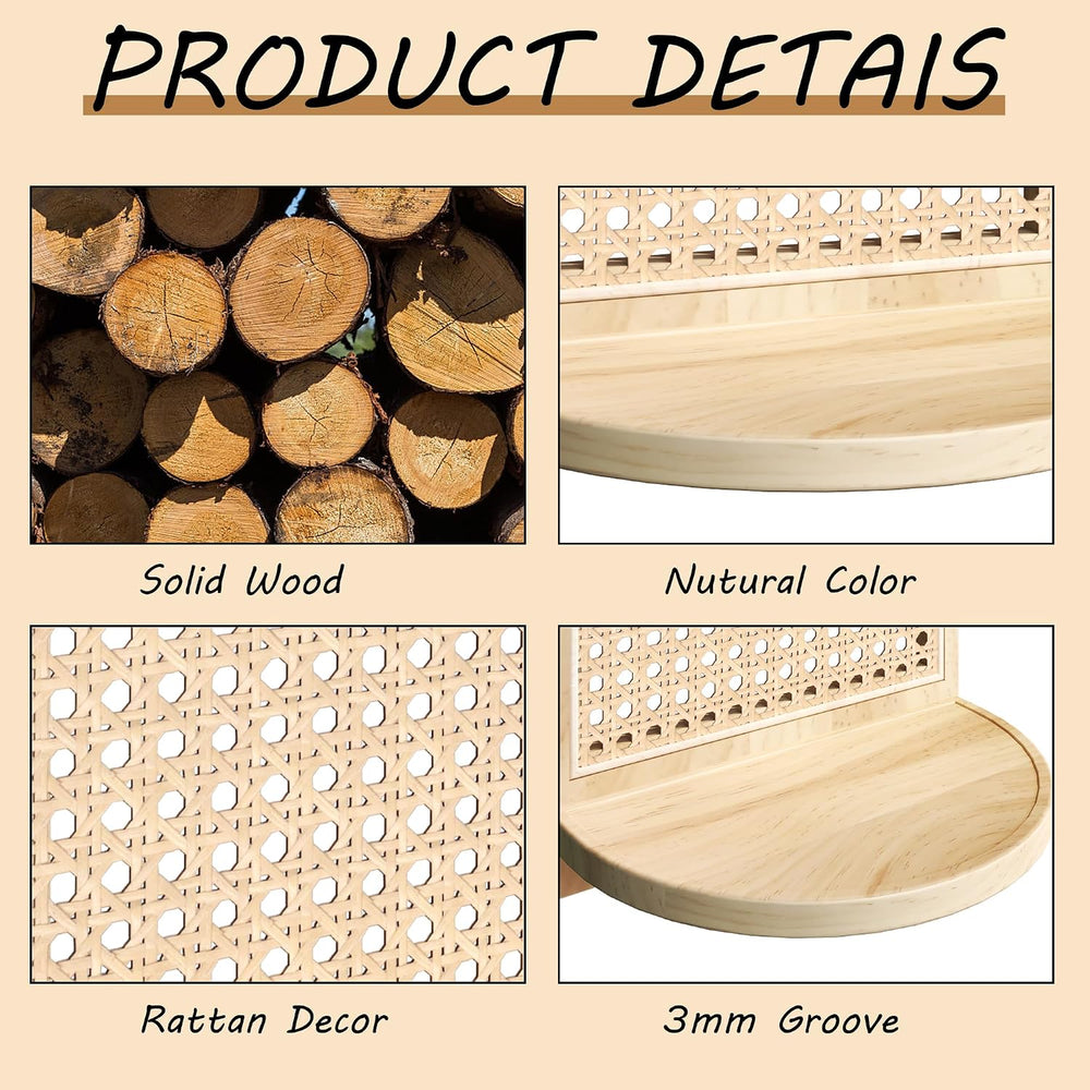 Rattan Wall Shelf Set of 3, 7''Natural Rattan Shelves with Wicker Dec...