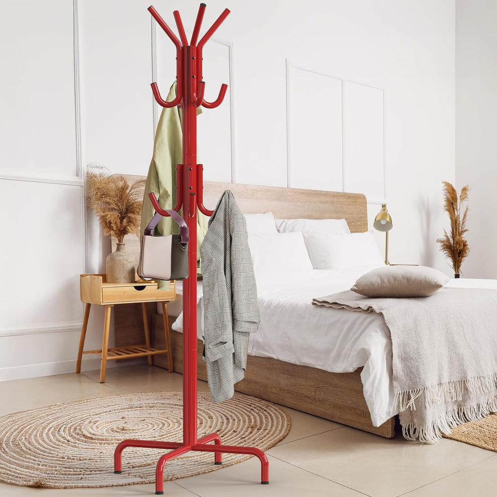 Simple Houseware Standing Coat/Hat Hanger Organizer Rack, 12 Hooks, Red