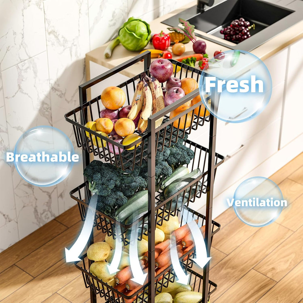 Simple Trending 4 Tier Rolling Fruit Vegetable Basket Cart, Black | Metal Wir...