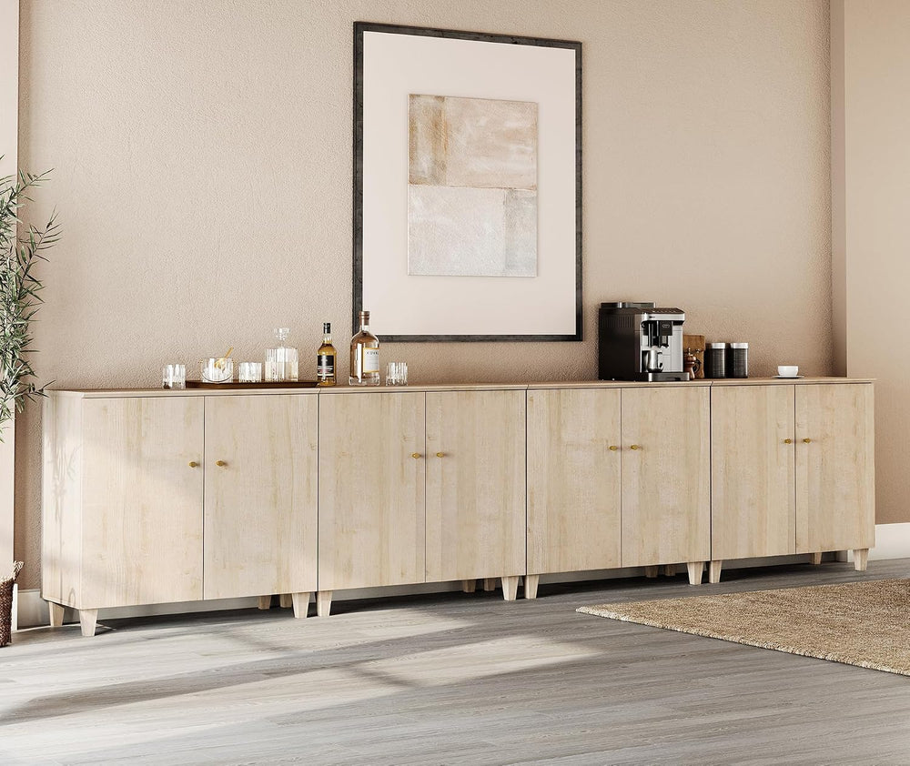 WAMPAT Sideboards Buffet Storage Cabinets, 8-Door Credenza Table, Light Oak