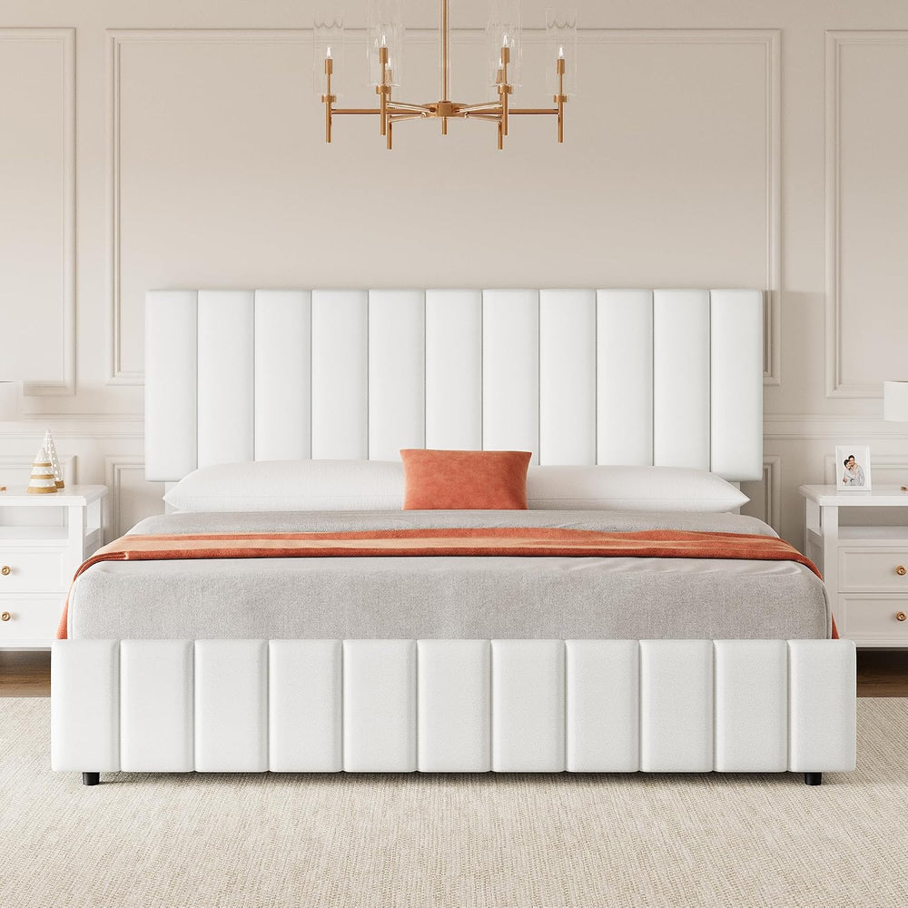 IDEALHOUSE Queen Size Bed Frame with 4 Storage Drawers, PU Leather Linen Upho...