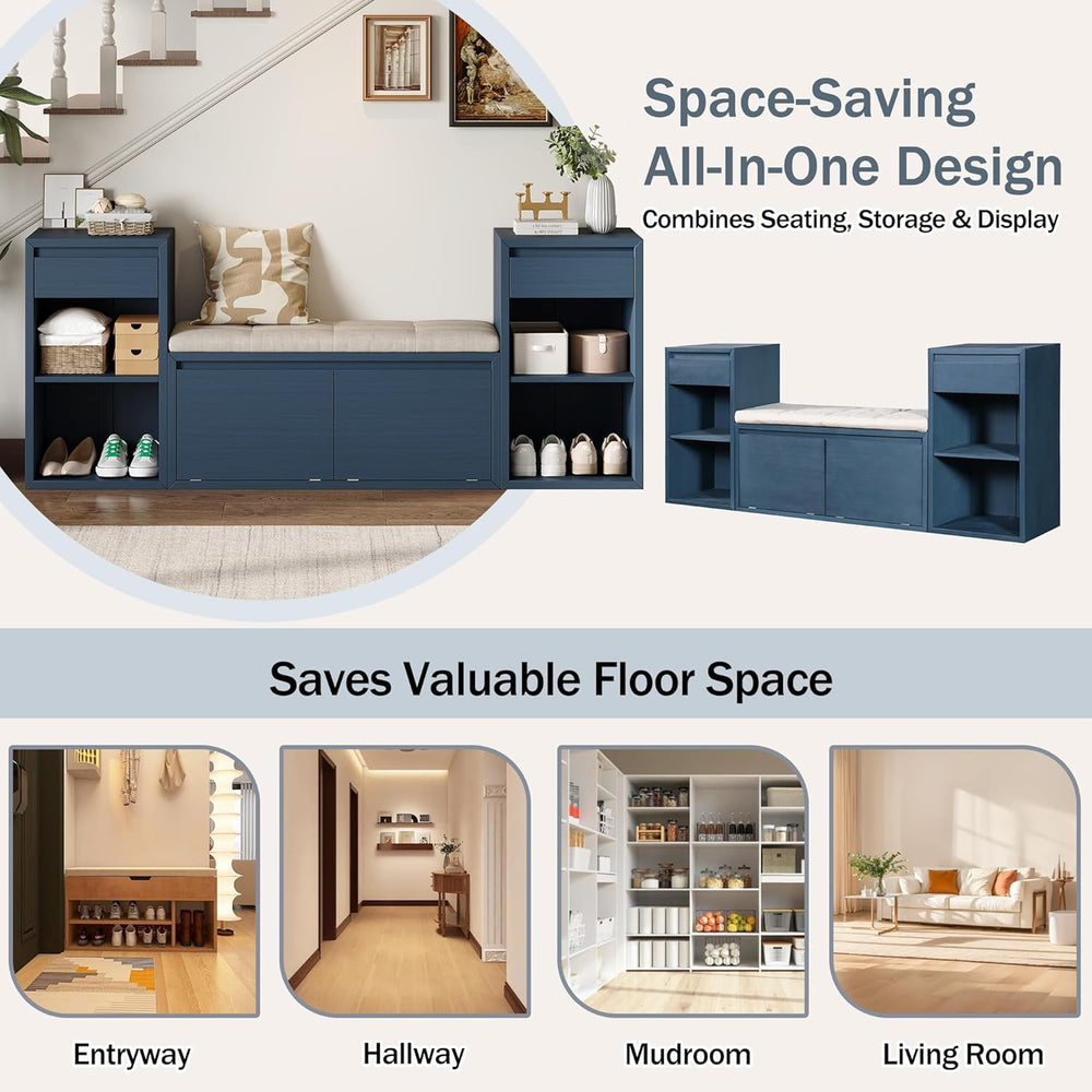 SOFTSEA All-in-One Entryway Storage Bench with Cushion, Compartments, Drawers...