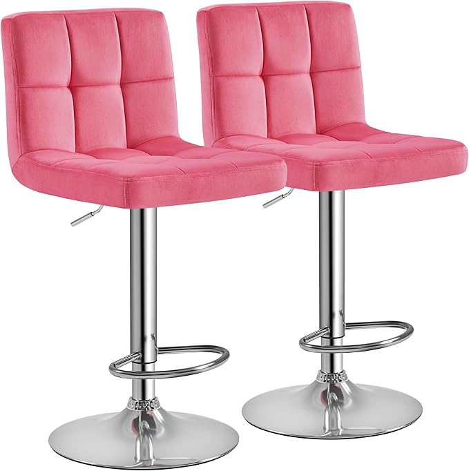 Yaheetech Pink Bar Stools Set of 2, Adjustable Velvet Barstools, Modern Count...