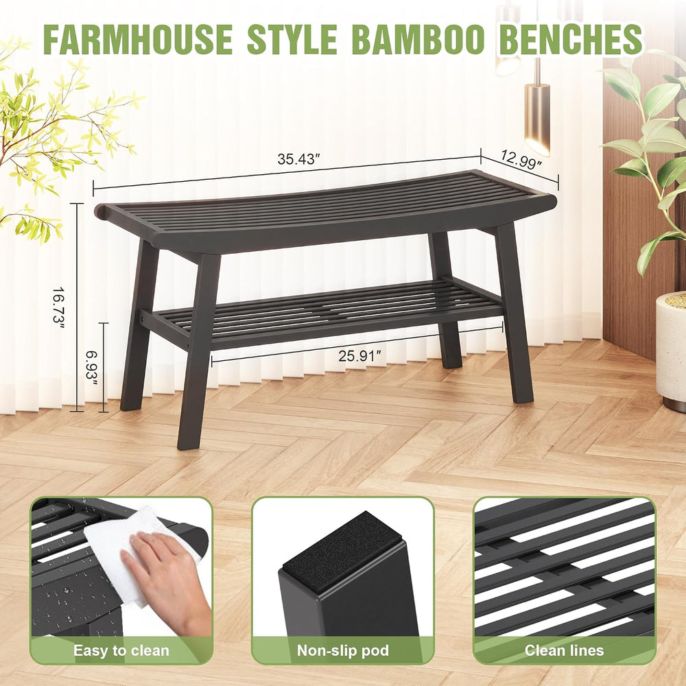 Bamboo Dining Bench Indoor Long Bench Sturdy & Comfortable Indoor Storage...