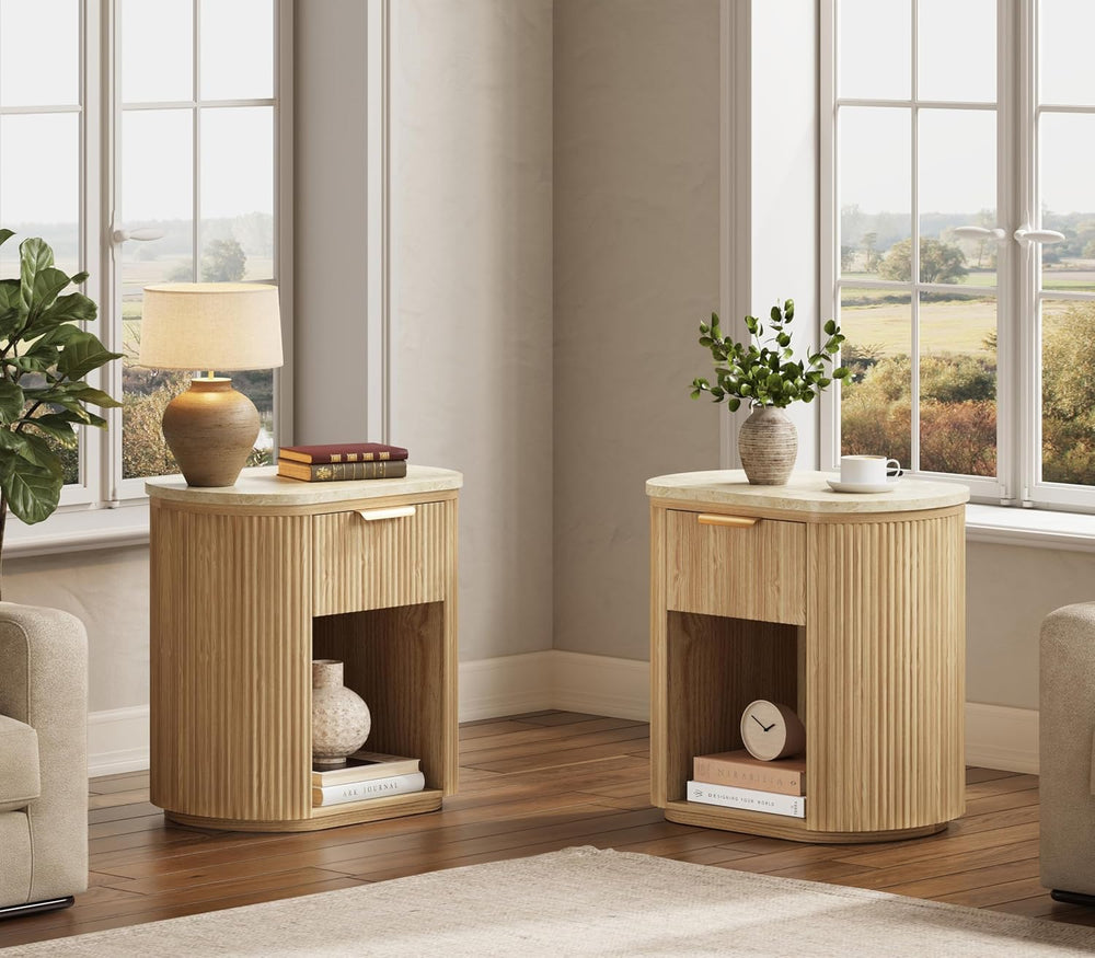 Fluted Marble Nightstand Set of 2 23.6"Large Round Bedside Table Oak,Boho