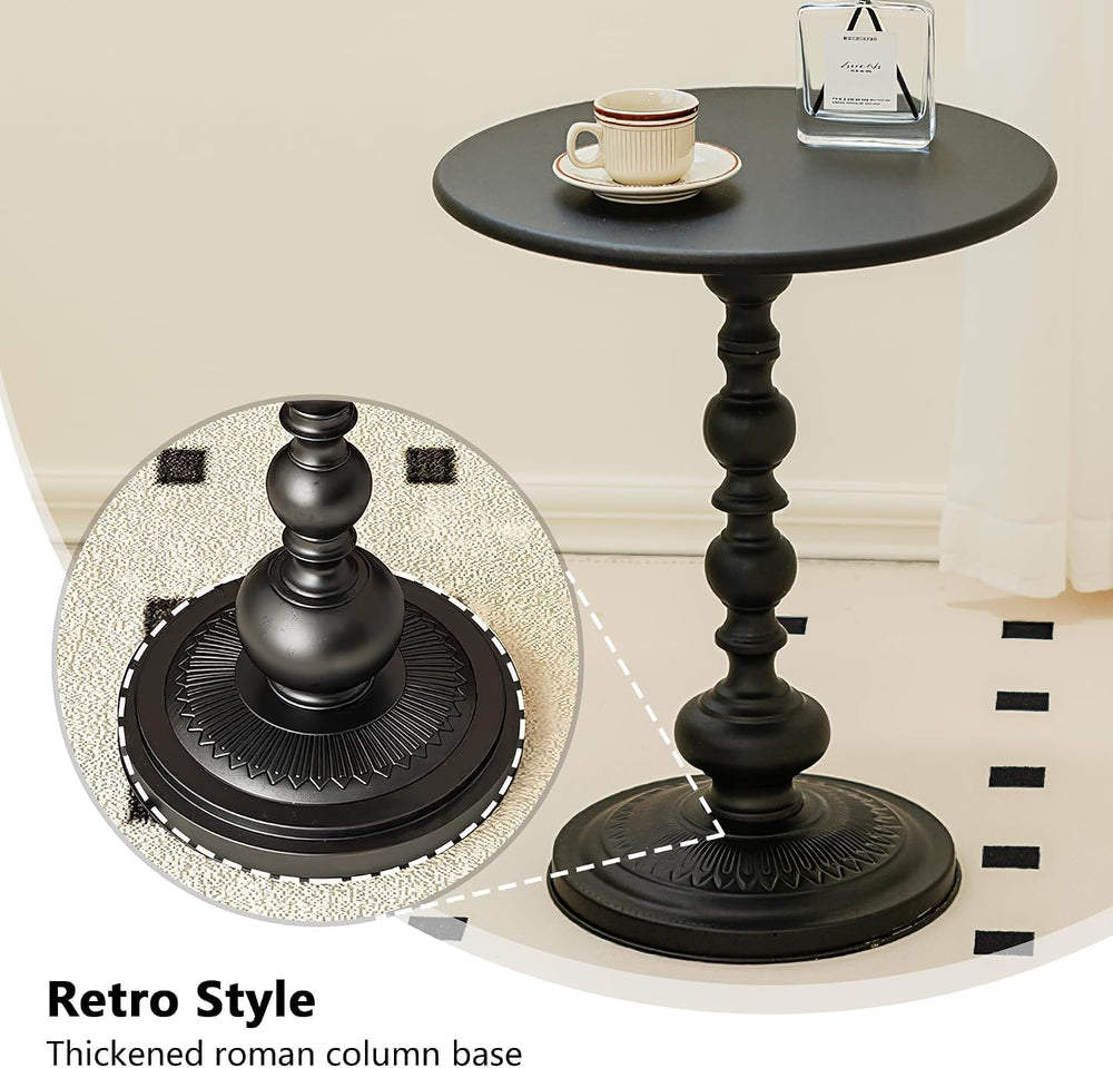 Black Metal End Table, Small Round Side Table | Vintage Matte Black Pedestal,...