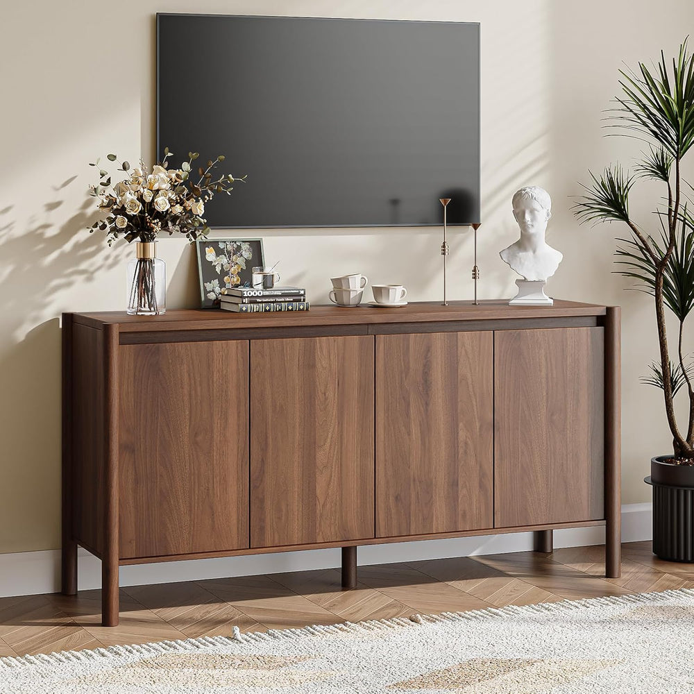 59" Wide Walnut Buffet Cabinet Storage,4 Doors and Adjustable Shelves,So...