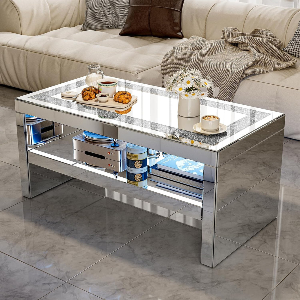 IKIFLY Mirrored Coffee Table with Mirror Crystal Board, Glass Rectangle End T...