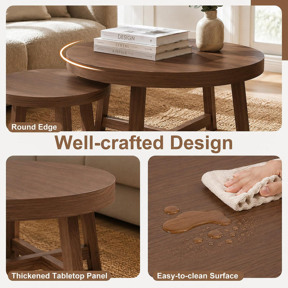 47.2" Round Nesting Coffee Table Set of 2 Walnut Wood Grain Center Table...
