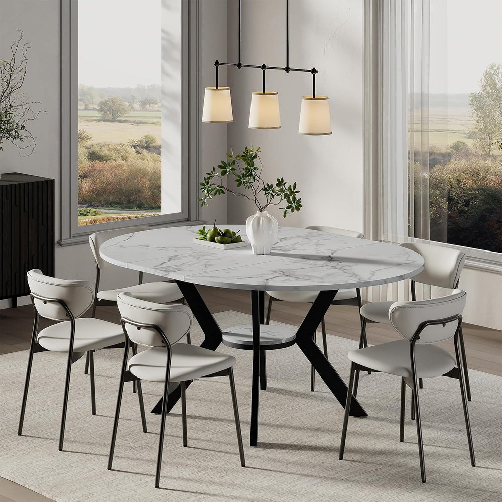 42"-58" Round Extendable Dining Table for 4-6, Kitchen Oval Table w...