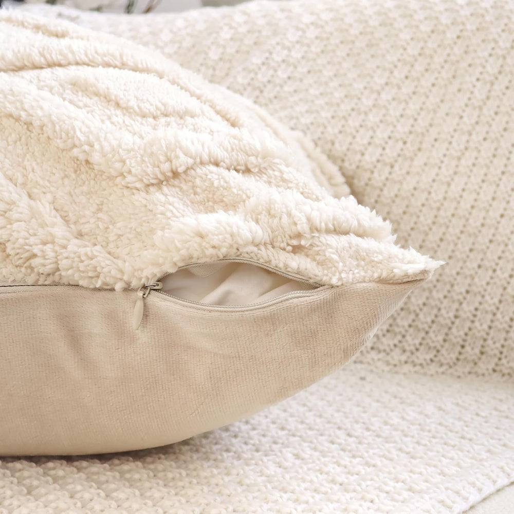 Set of 2 Faux Fur Beige Throw Pillow Covers 30x30,Soft Checkborad Pattern Dec...