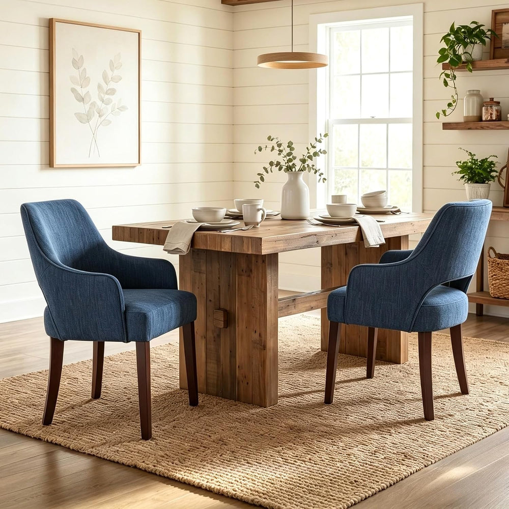 Blue Linen Upholstered Dining Room Chairs Set of 2 with Arms