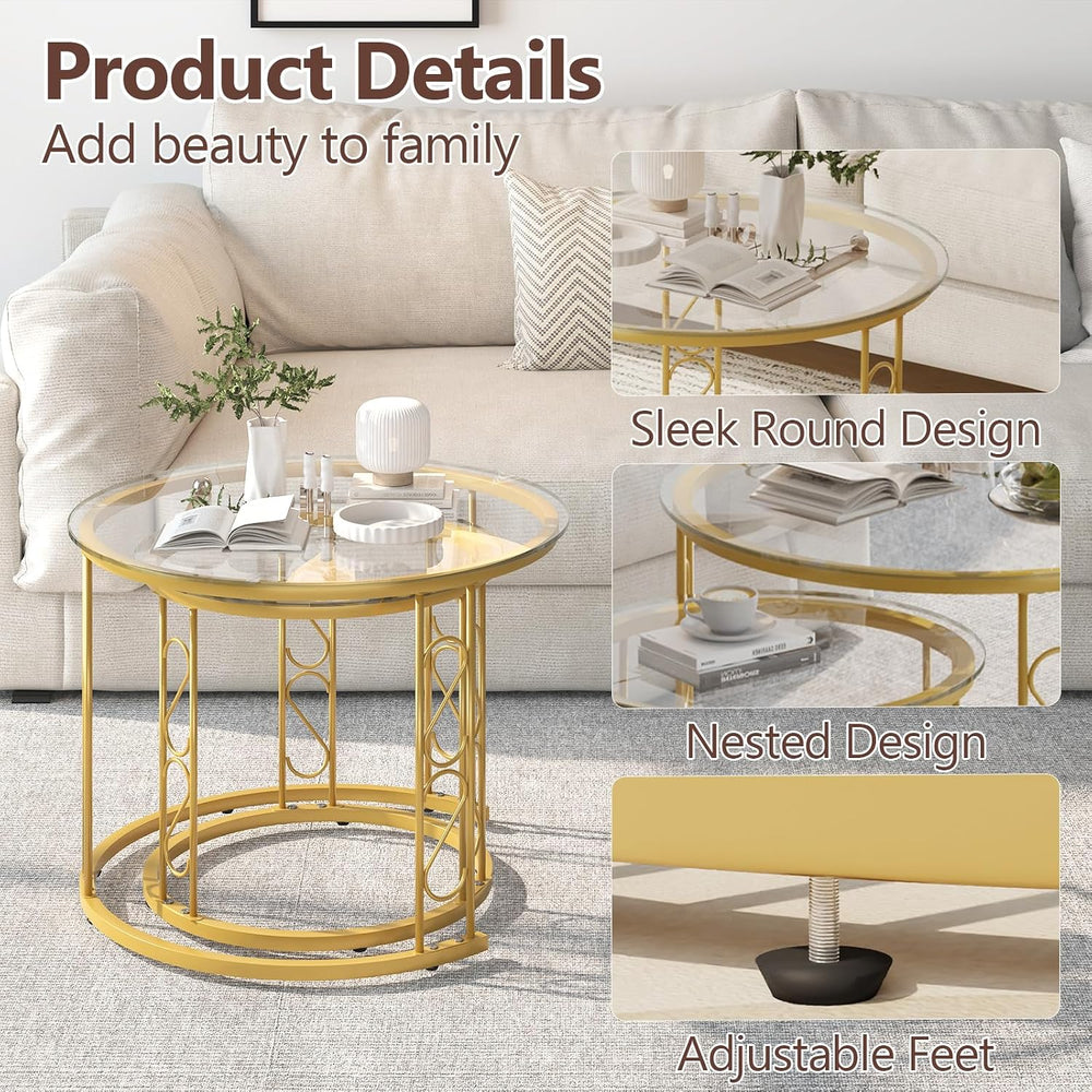 Garden 4 you Nesting Coffee Table, 23.6" Round Coffee Table Set of 2, Gl...