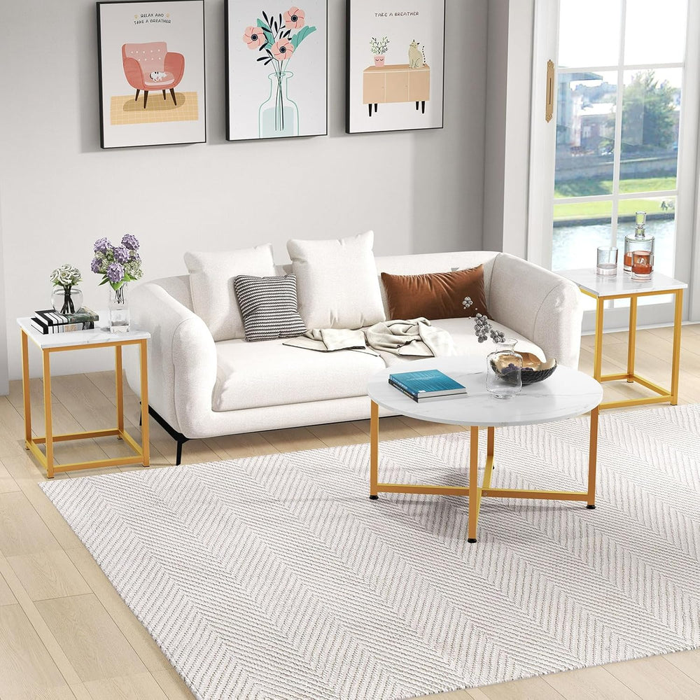 COSTWAY Coffee Table Set of 3, Round Faux Marble Coffee Table and 2 Square En...