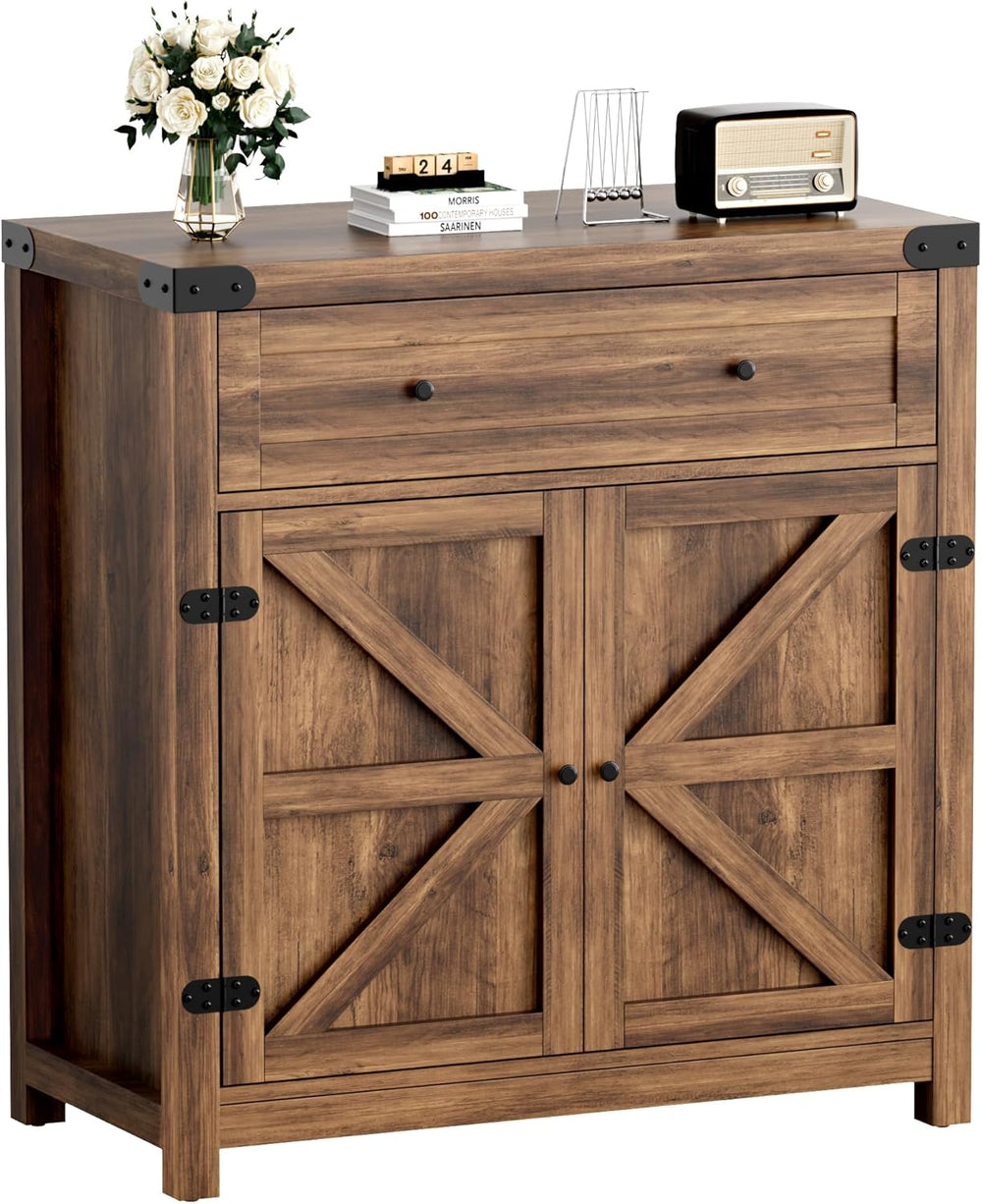 YESHOMY Farmhouse Coffee Bar and Accent Cabinet with Barn Doors, Brown