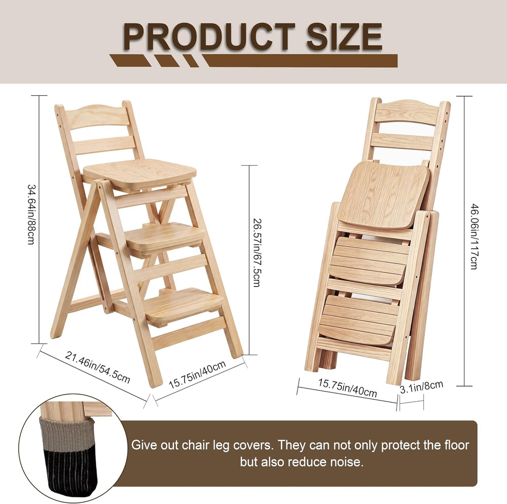Folding Bar Stool, 3 Step Portable Adults Solid Wood Ladder Stool, Wood