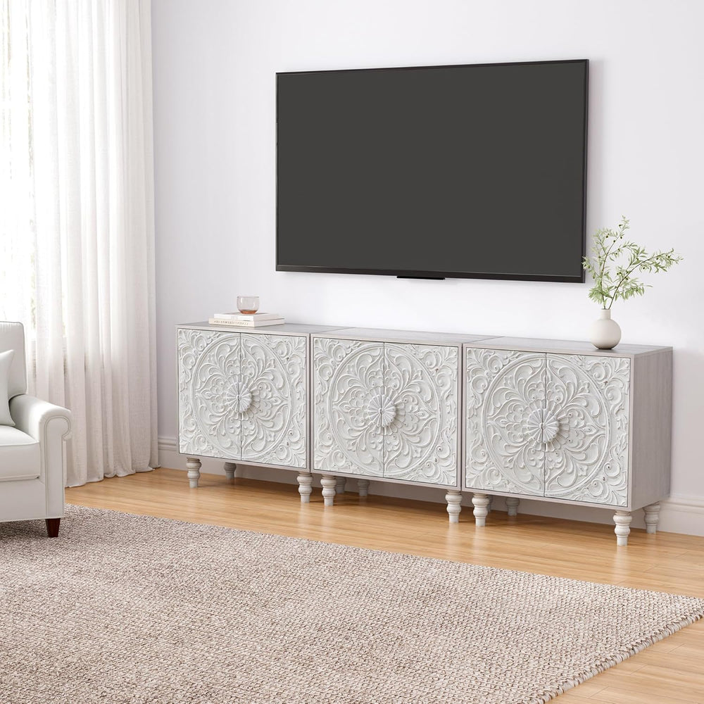White Distressed Carved Accent Cabinet,2 Door Vintage Storage Sideboard