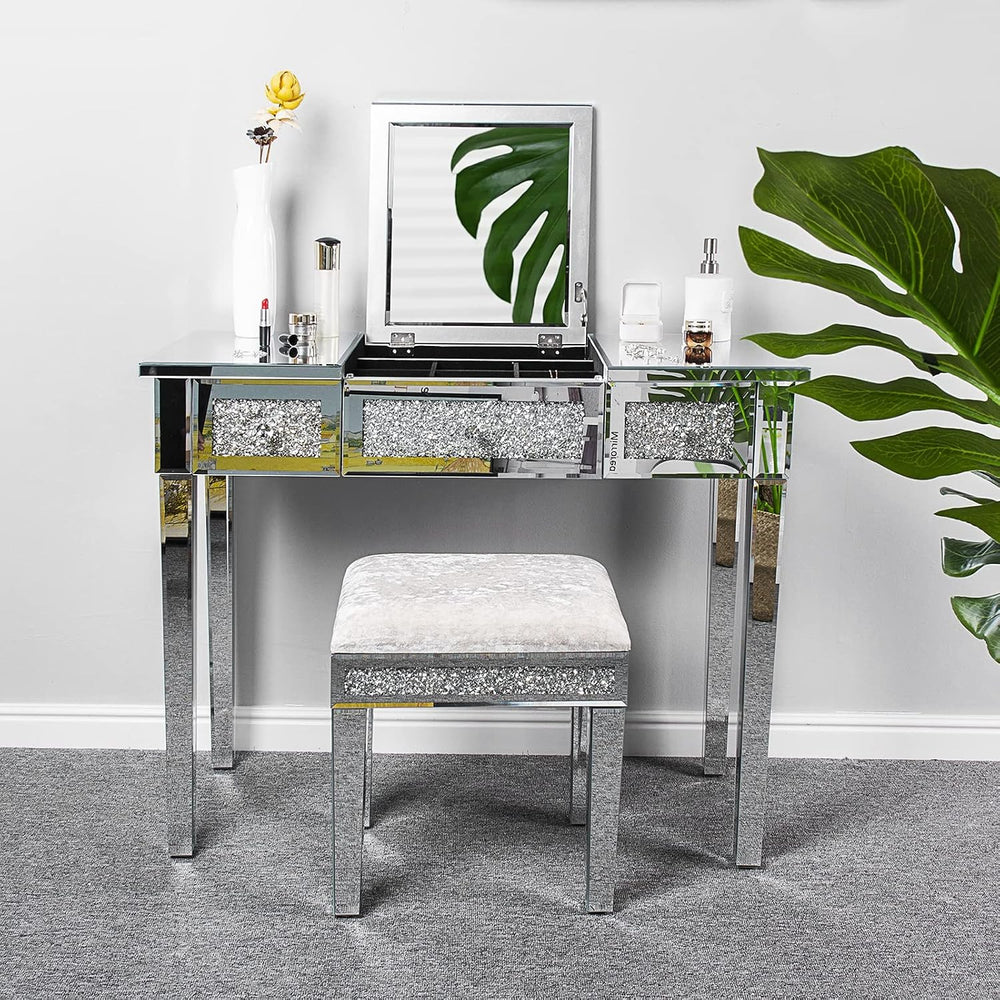 VINGLI Mirrored Vanity Stool with Storage, Upholstered Velvet Ottoman, Makeup...