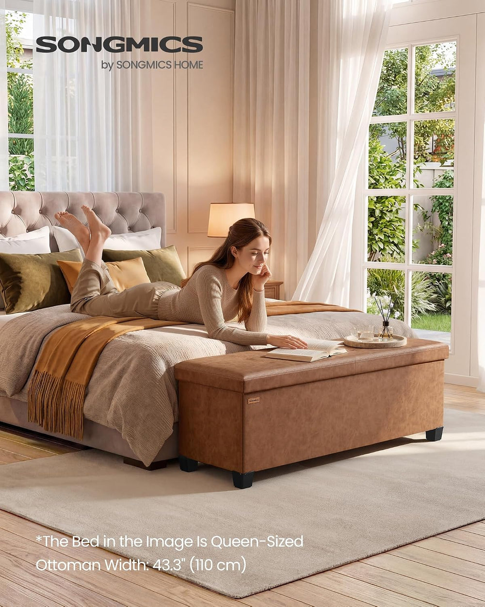 SONGMICS Storage Ottoman Bench with Legs, Flipping Lid, 43.3 Inches | Folding...