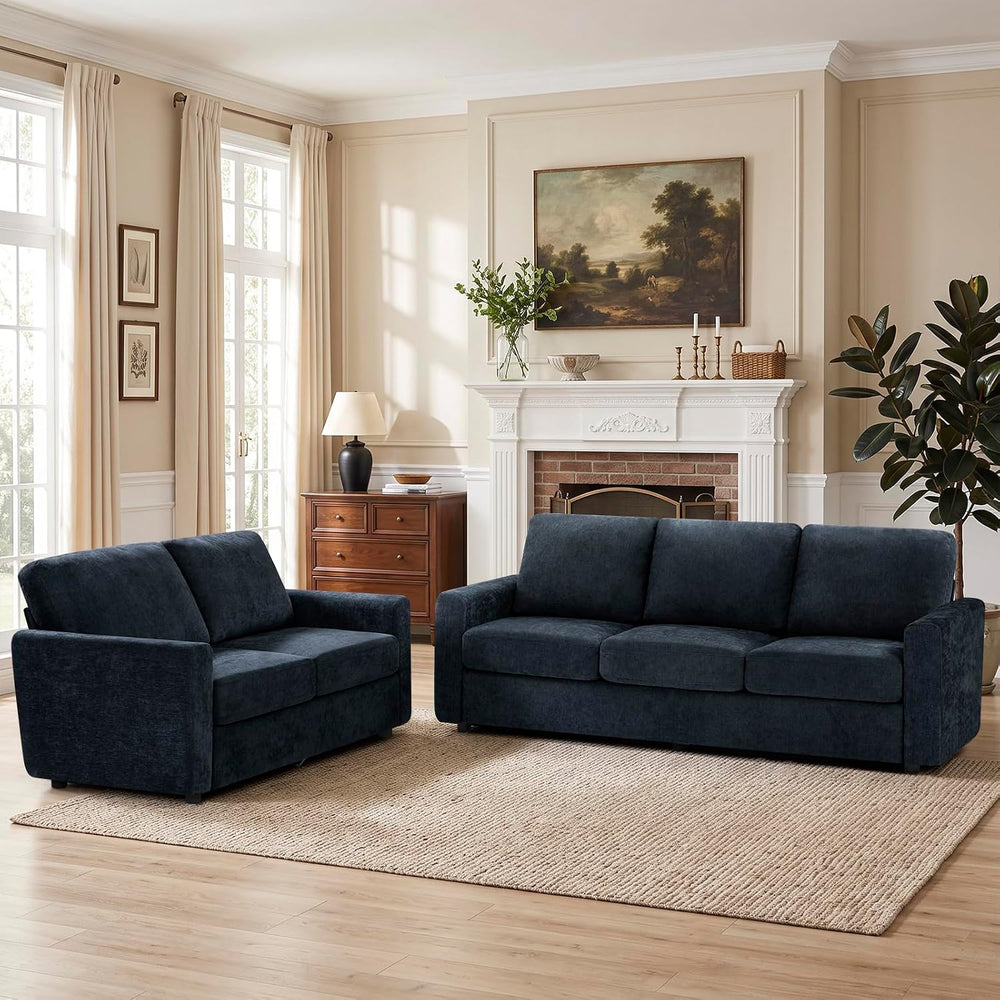 2 Pieces Chenille Sofa Sets w/Comfortable Back Cushions, Blue