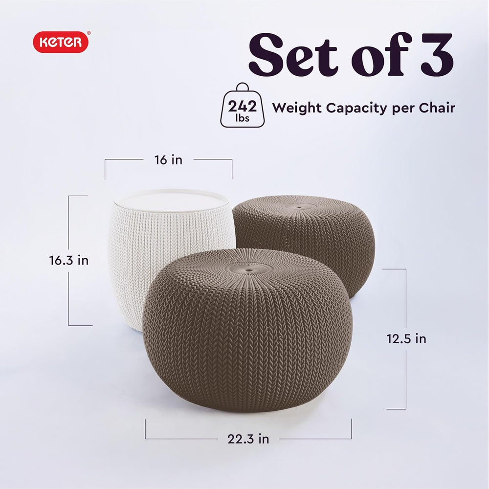 KETER Urban Knit Pouf Ottoman Set of 2 with Storage Table for Patio and Room ...