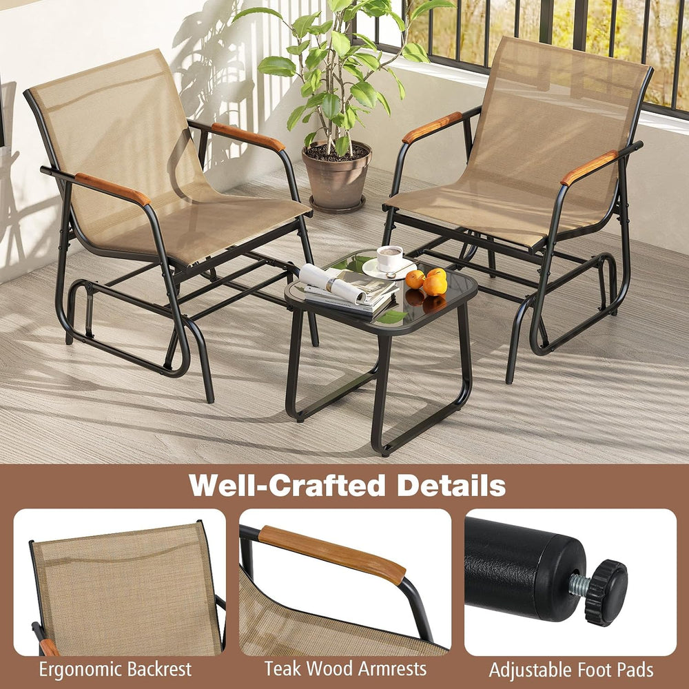 Tangkula 3 Piece Patio Bistro Glider Set, 2 Rocking Chairs w/Tempered Glass S...