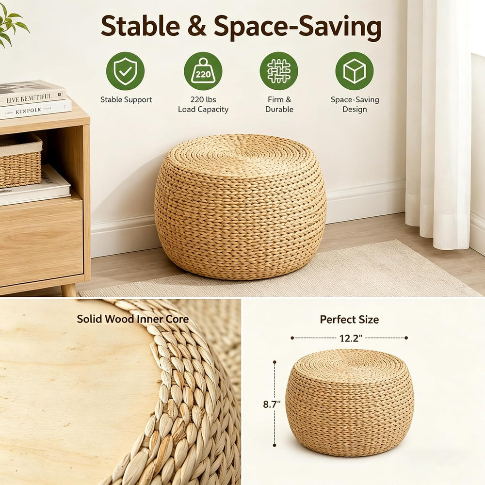 Small Straw Pouf Ottoman, Low Natural Footrest, Dia: 12.2" | Natural, Ec...