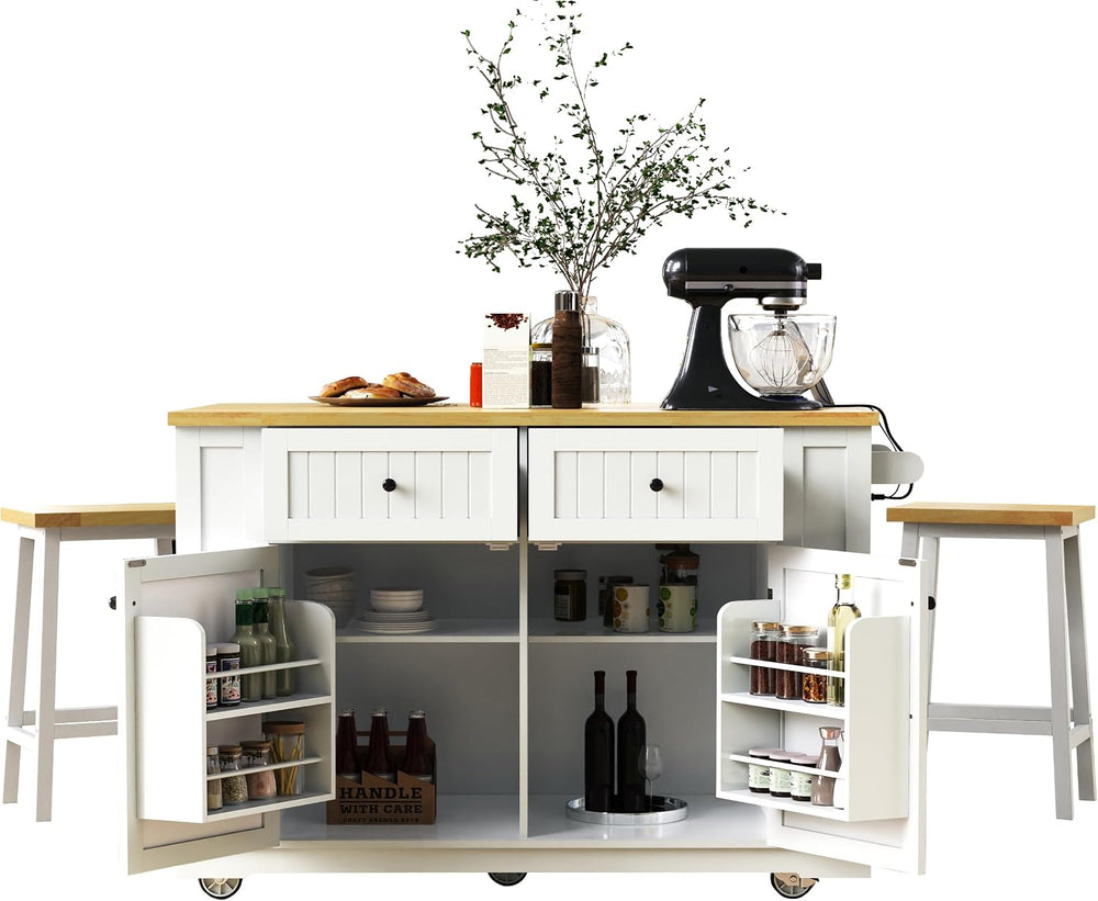 48" Kitchen Island in White with 2 Stools & Power Outlet | Includes ...