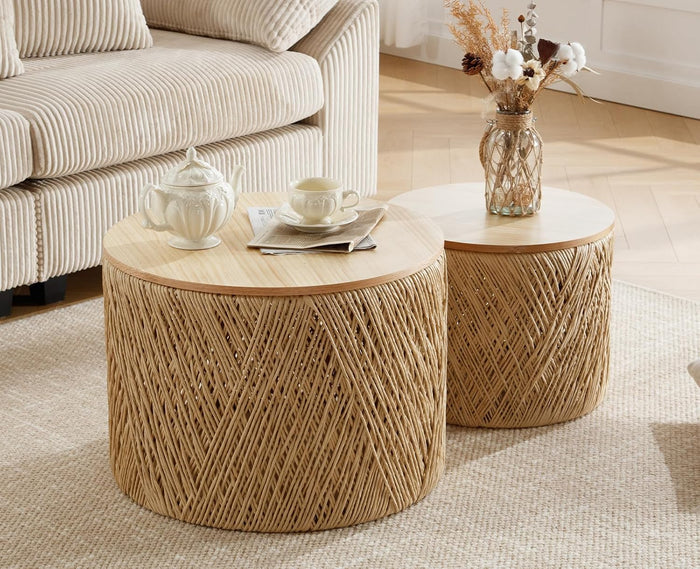 chairus Nesting Coffee Table Set of 2 Boho Round Living Room Tables with Storage Woven Rattan Center Table for Living Room, Bedroom, Lounge, Guests Room, Waiting Room, Natural