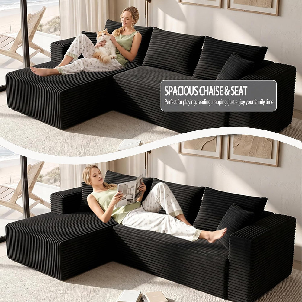 93" Couch for Living Room, Black, Left Facing Chaise | Corduroy L-Shape ...