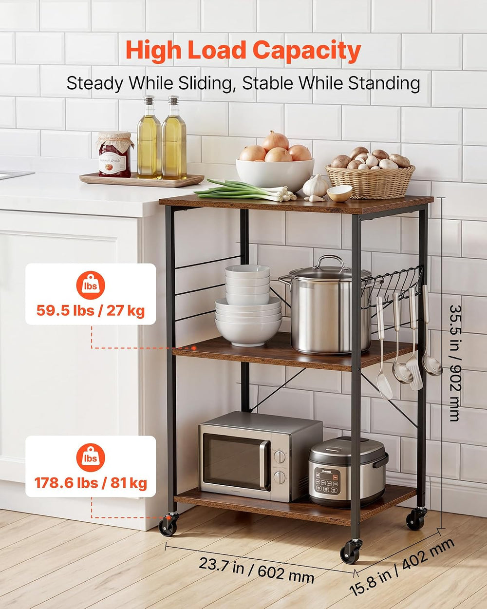 VEVOR 3-Tier Rolling Kitchen Cart, 23.7 in Microwave Stand with Storage, Util...