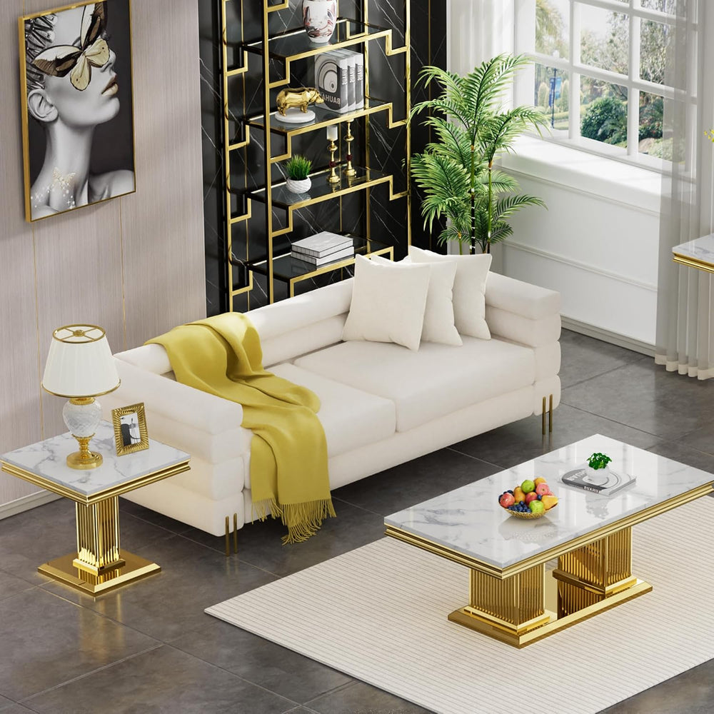 Henf 23in Square End Table Faux Marble End Table with Pillar Stainless Steel ...