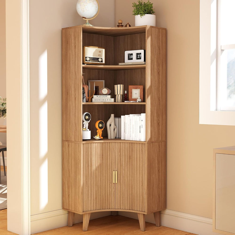 Tall Fluted Corner Cabinet with Sliding Doors,Storage Cabinet,corner shelf