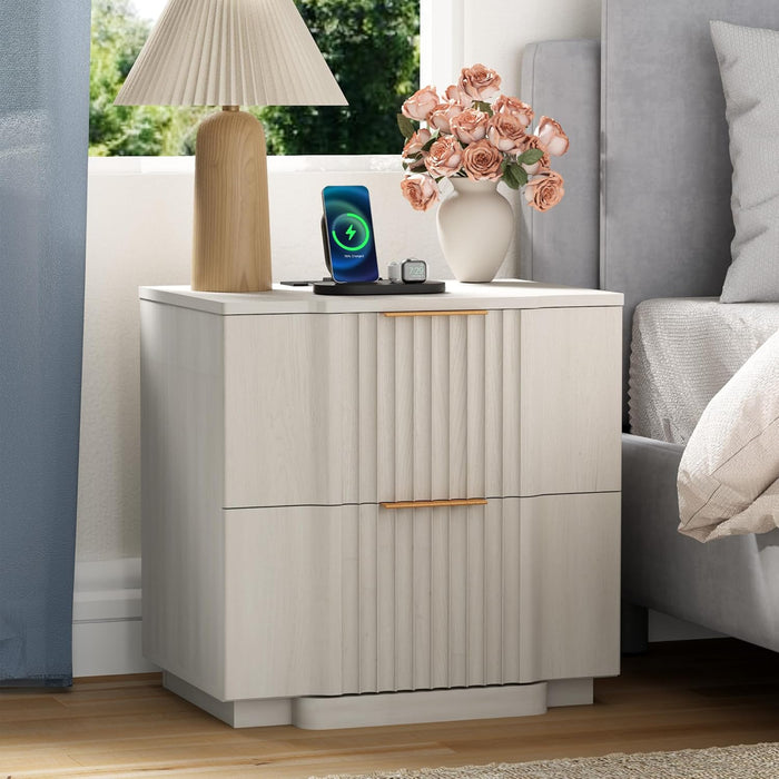 Yechen Fluted Nightstand Set of 2 with Ultra-Fast Charging Station, White | Large Drawers, FSC-Certified Wooden Board, Unique Fluted Profile, Metal Handle, Mid Century Modern Bedside Table for Bedroom
