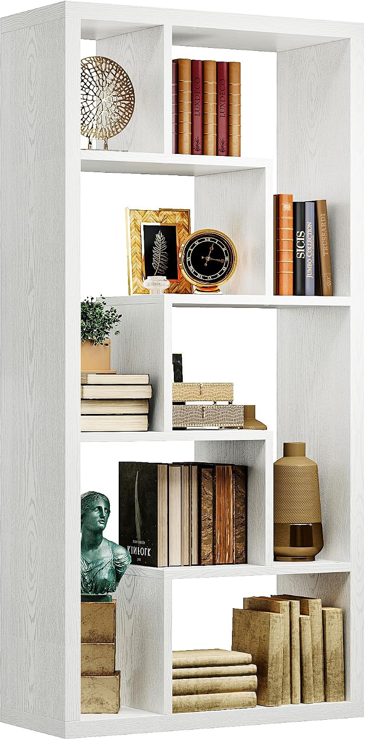 IRONCK Geometric Bookcase 6-Shelf Industrial Bookshelf White Etagere Bookcase...