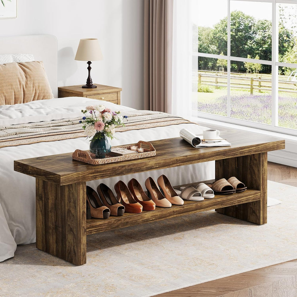 2 Tier Entryway Bench, 47.24" Shoe Bench, Rustic Shoe Rack, Wooden Stora...