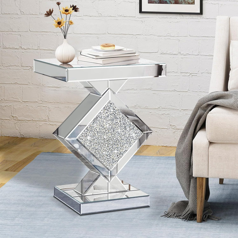 Crushed Diamond Mirrored End Table, Silver Side Accent Table, Small Mirrored ...