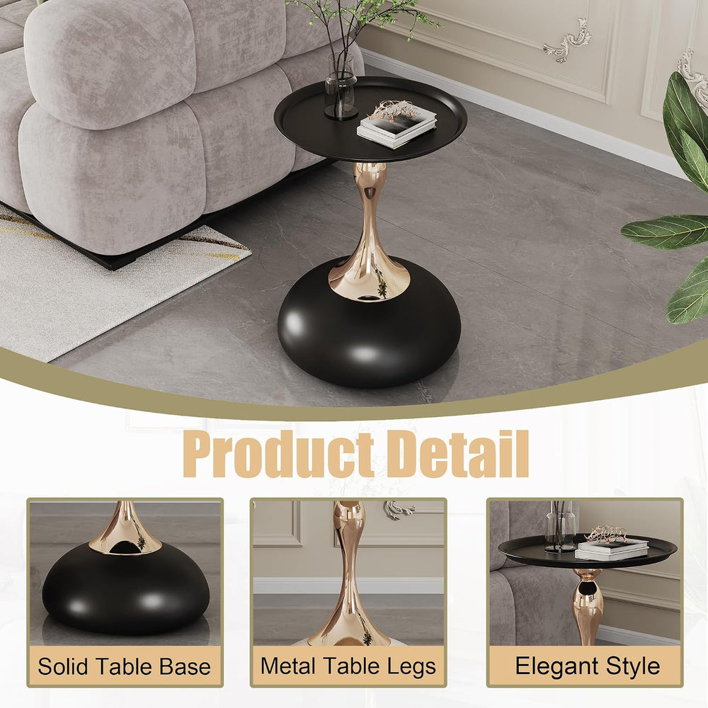 Round Side Table, Small Black End Table with Metal Pedestal, Modern Martini T...