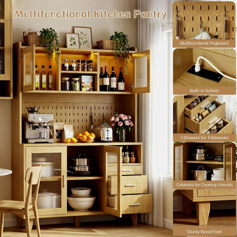 71" Tall Hutch Cabinet with LED Light & Charging Station | Kitchen S...