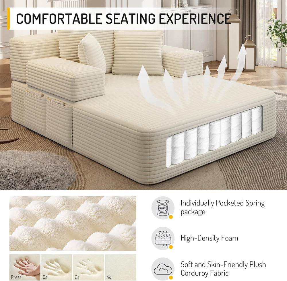 Oversized Chaise Lounge Chair Indoor, 60”,White | Corduroy Convertible Floor ...